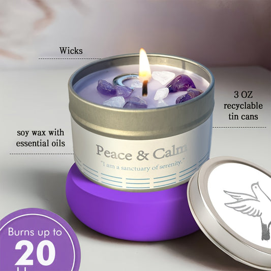3oz Peace & Calm Law of Attraction Candle - Soy Wax with Lavender & Chamomile Scent, Crystal Ritual Scented Candle for Meditation, Relaxation, and Intuition