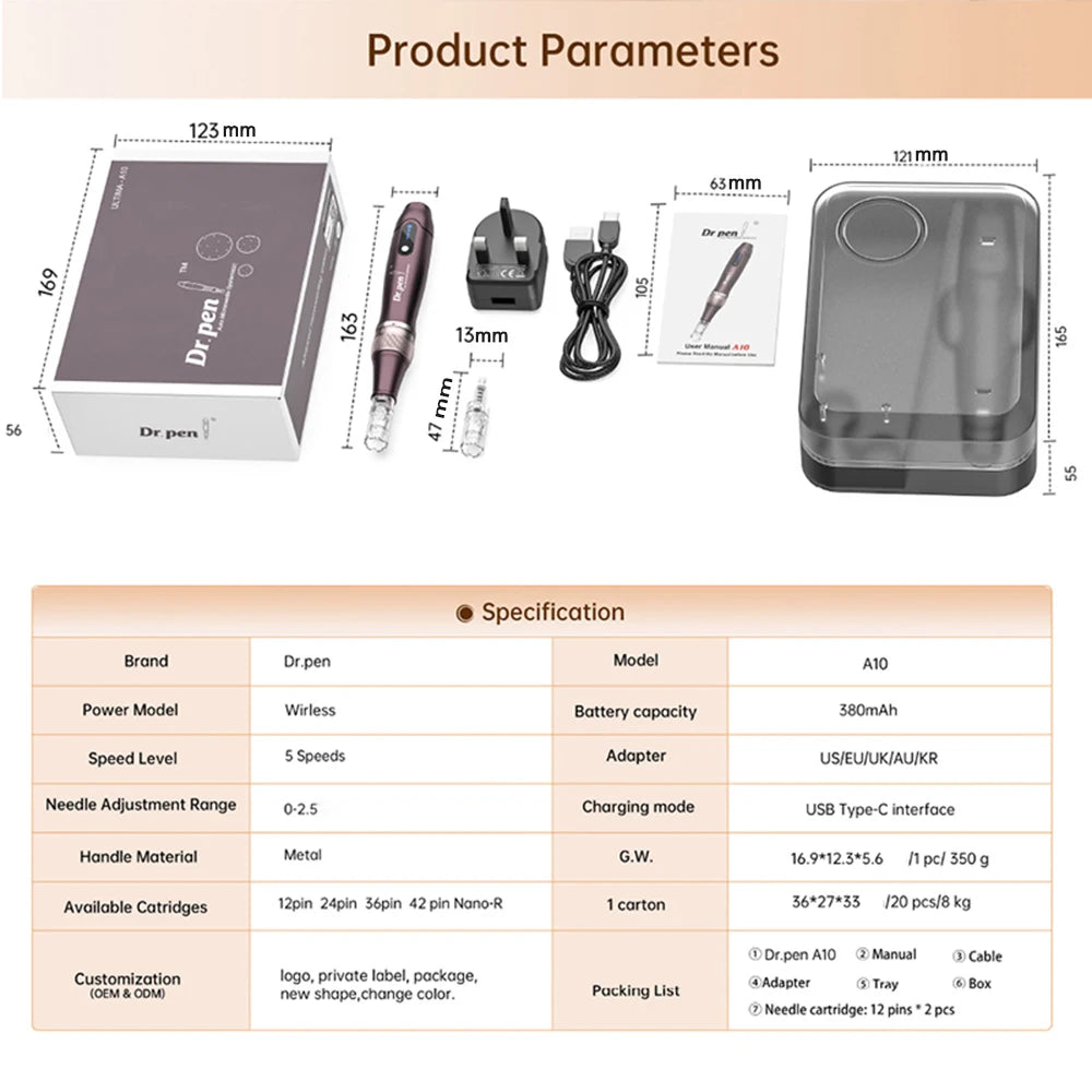 Microneedle Dr.Pen Ultima A10 With 2pcs Cartridge Wireless Derma Pen Micro Microneedle