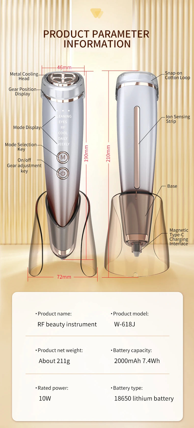 RF Facial Lifting Beauty Device High Frequency Facial Eyes Neck Skin Care Beauty Tool for Home Use Women