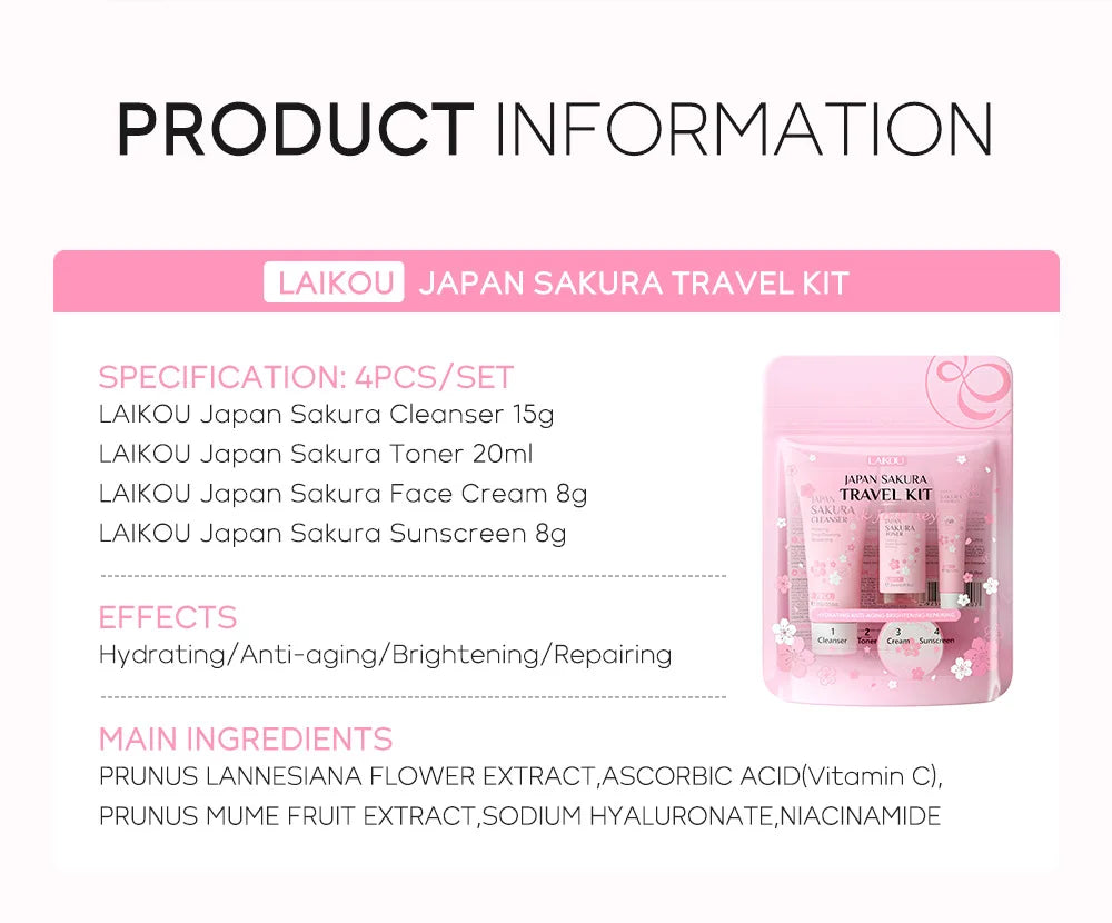 LAIKOU Sakura Skin Care Sets Facial Cleanser Face Cream Serum Toner Moisturizing Brightening Anti Wrinkles Face Care Kit