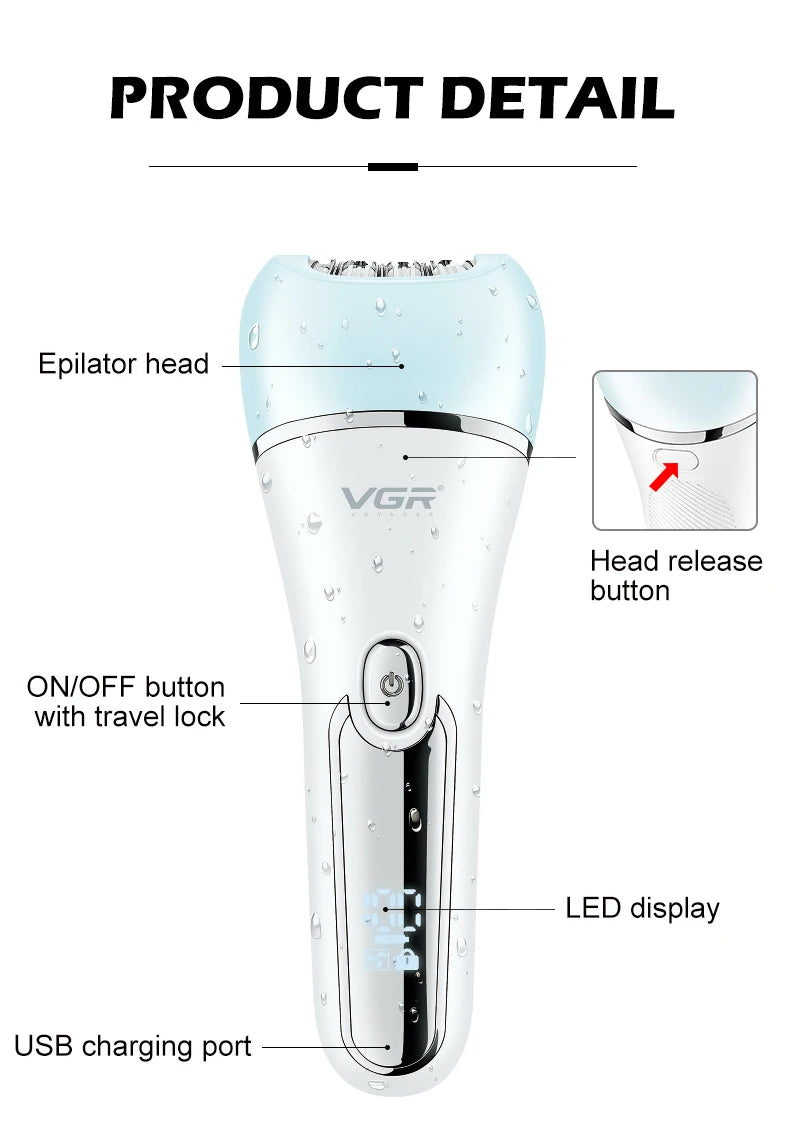 VGR Hair Remover Electric Epilator Leg Body Bikini Facial Underarms LED