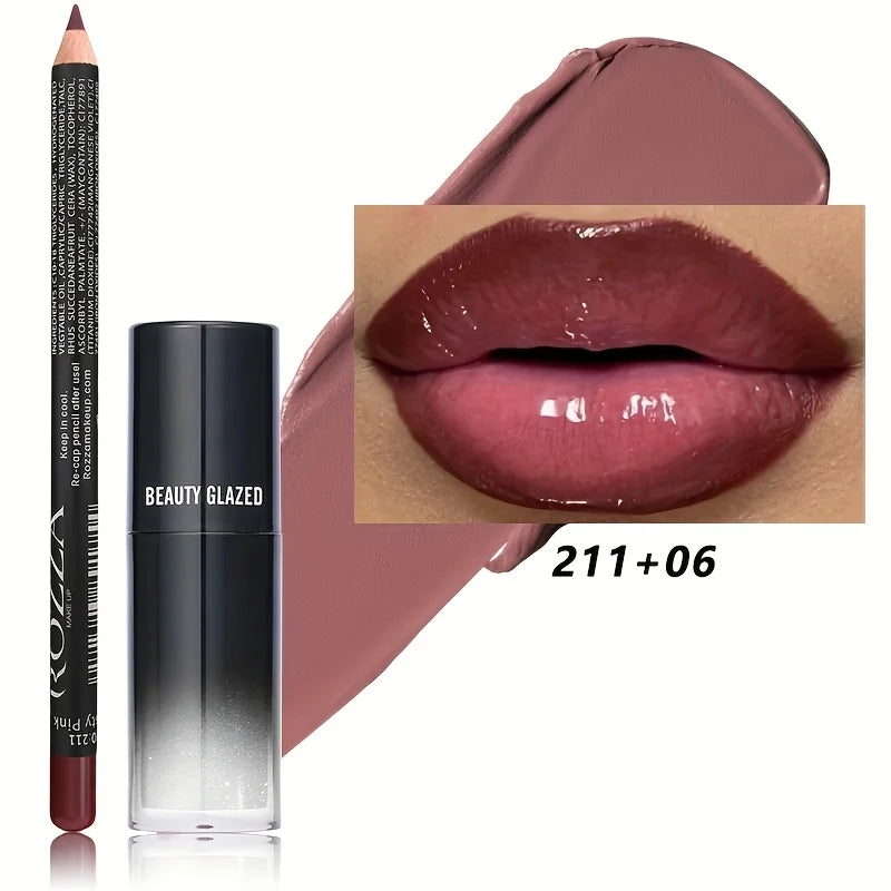2pcs/Set Smooth Lip Liner+Lip Makeup, Long-Lasting Moisturizing Lip Makeup Lip Plump