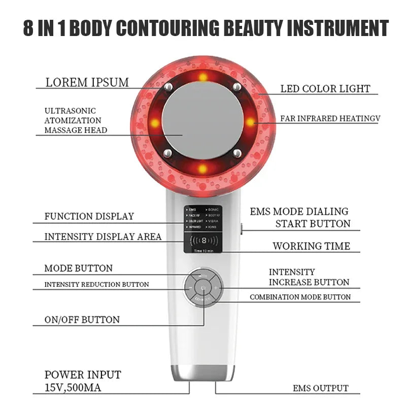 8 IN 1 Ultrasound Anti-Cellulite Body Slimming Machine Face Lifting EMS Massager RF Infrared
