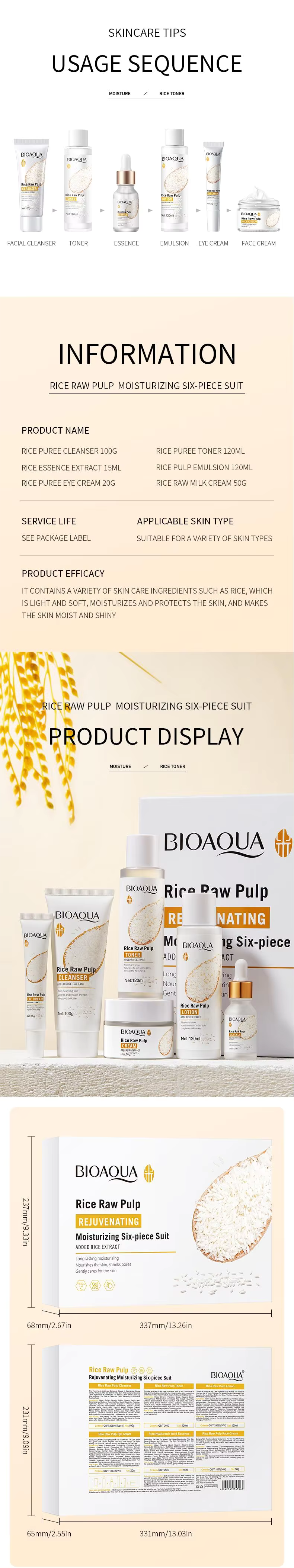 BIOAOUA Rice Puree Rejuvenating and Moisturizing six-piece Set Whitening Firming Anti-aging Beauty Set