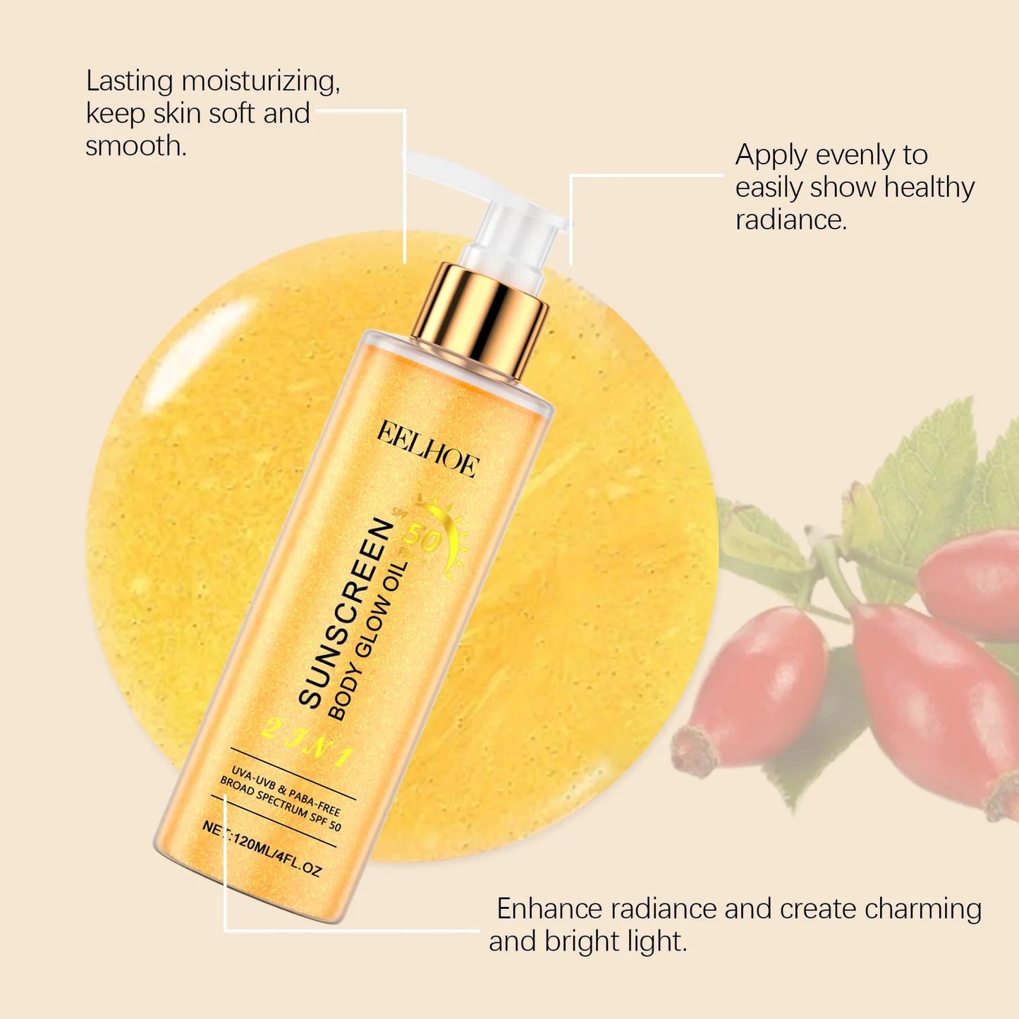 EELHOE 2 In1 Sunscreen Spf 50 Body Oil for Glowing Skin