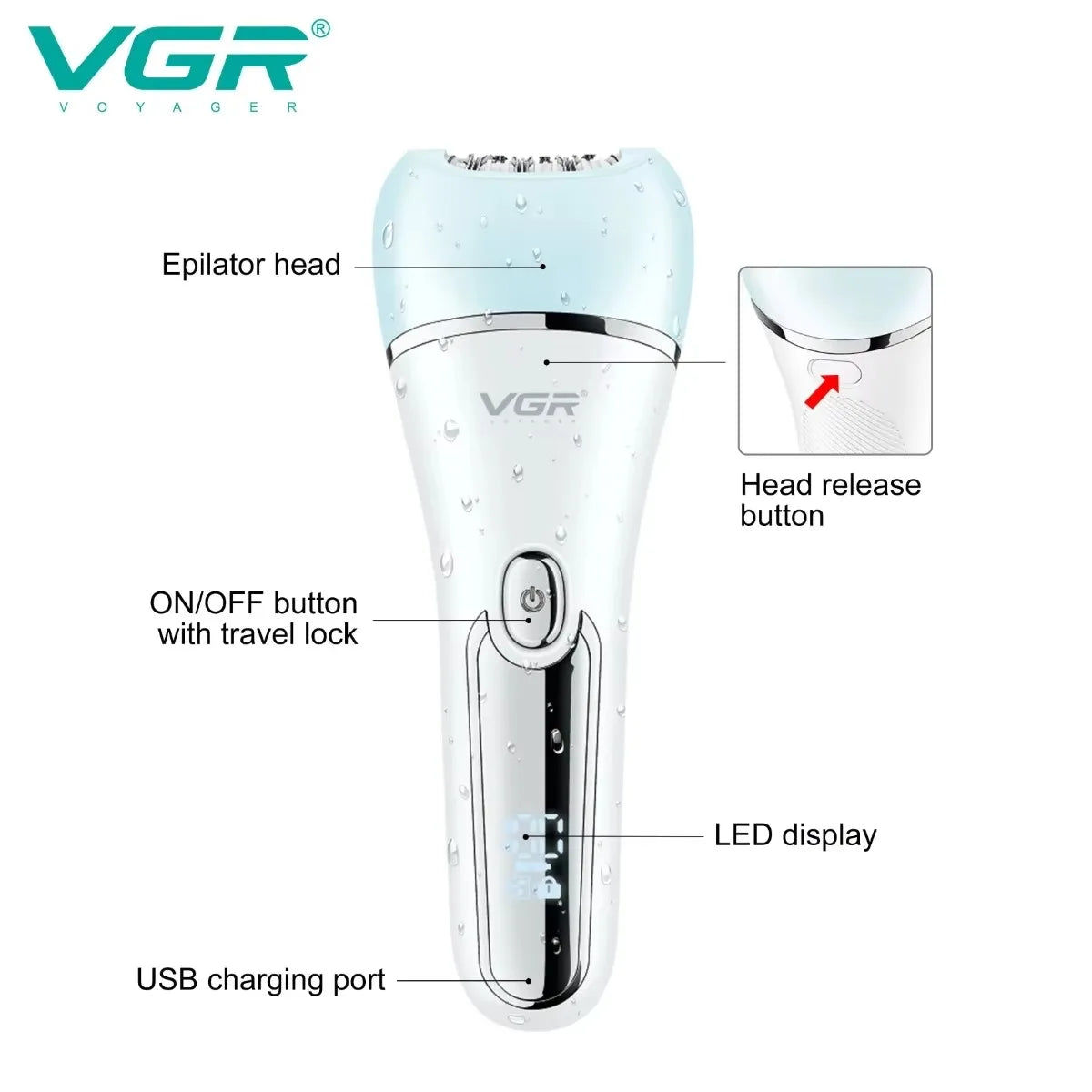 VGR Hair Remover Electric Epilator Leg Body Bikini Facial Underarms LED