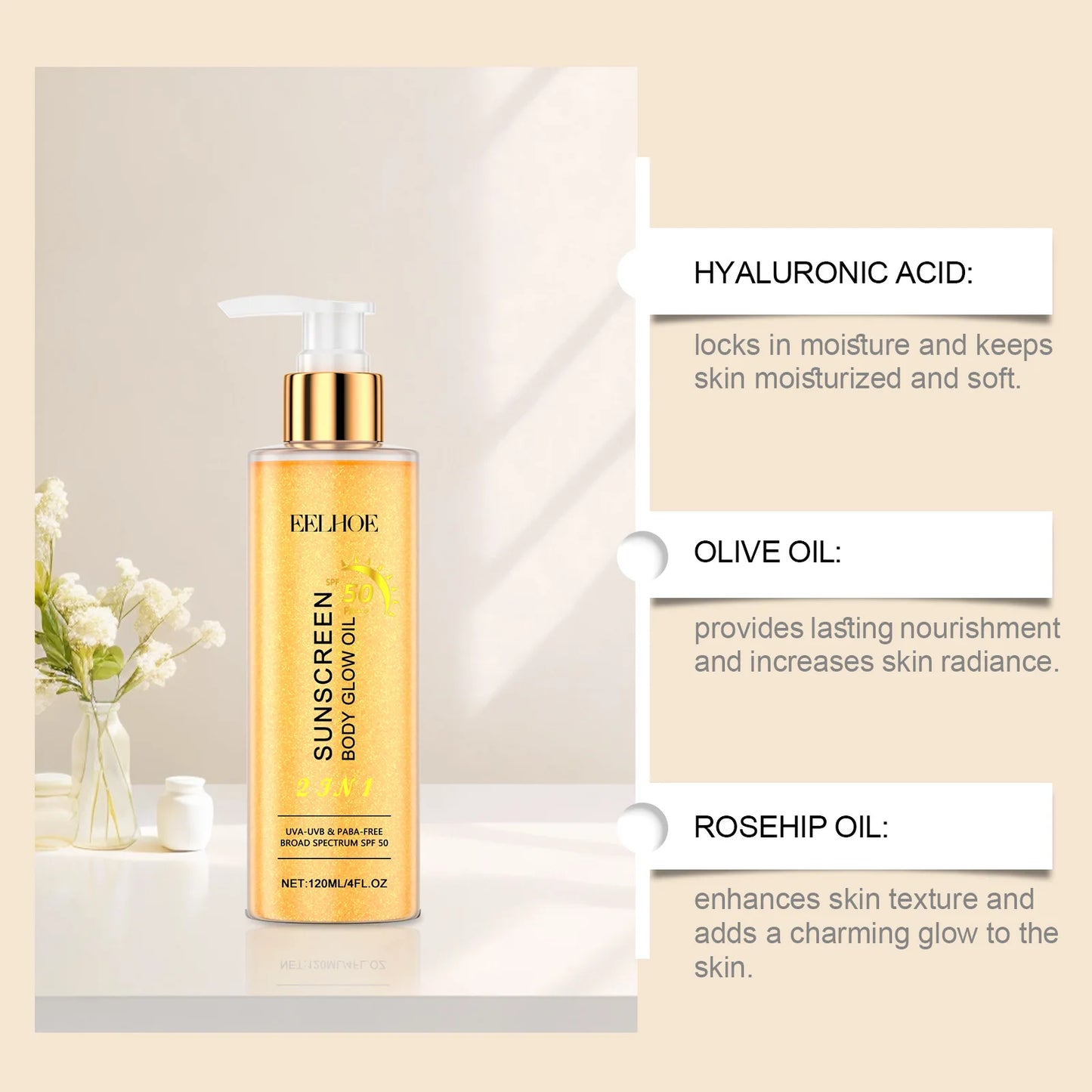 EELHOE 2 In1 Sunscreen Spf 50 Body Oil for Glowing Skin