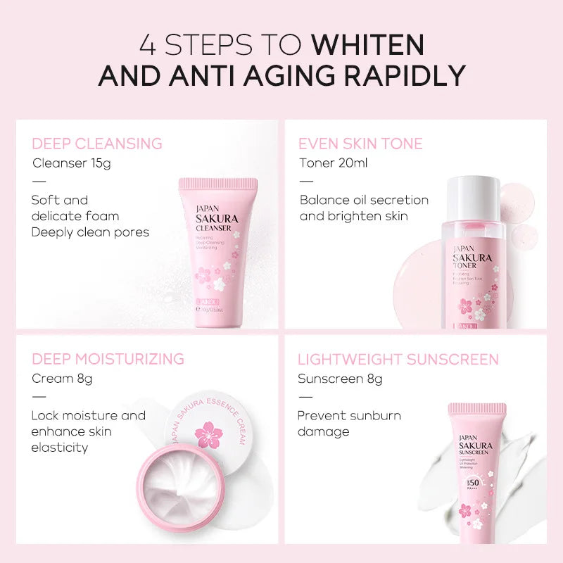 LAIKOU Sakura Skin Care Sets Facial Cleanser Face Cream Serum Toner Moisturizing Brightening Anti Wrinkles Face Care Kit