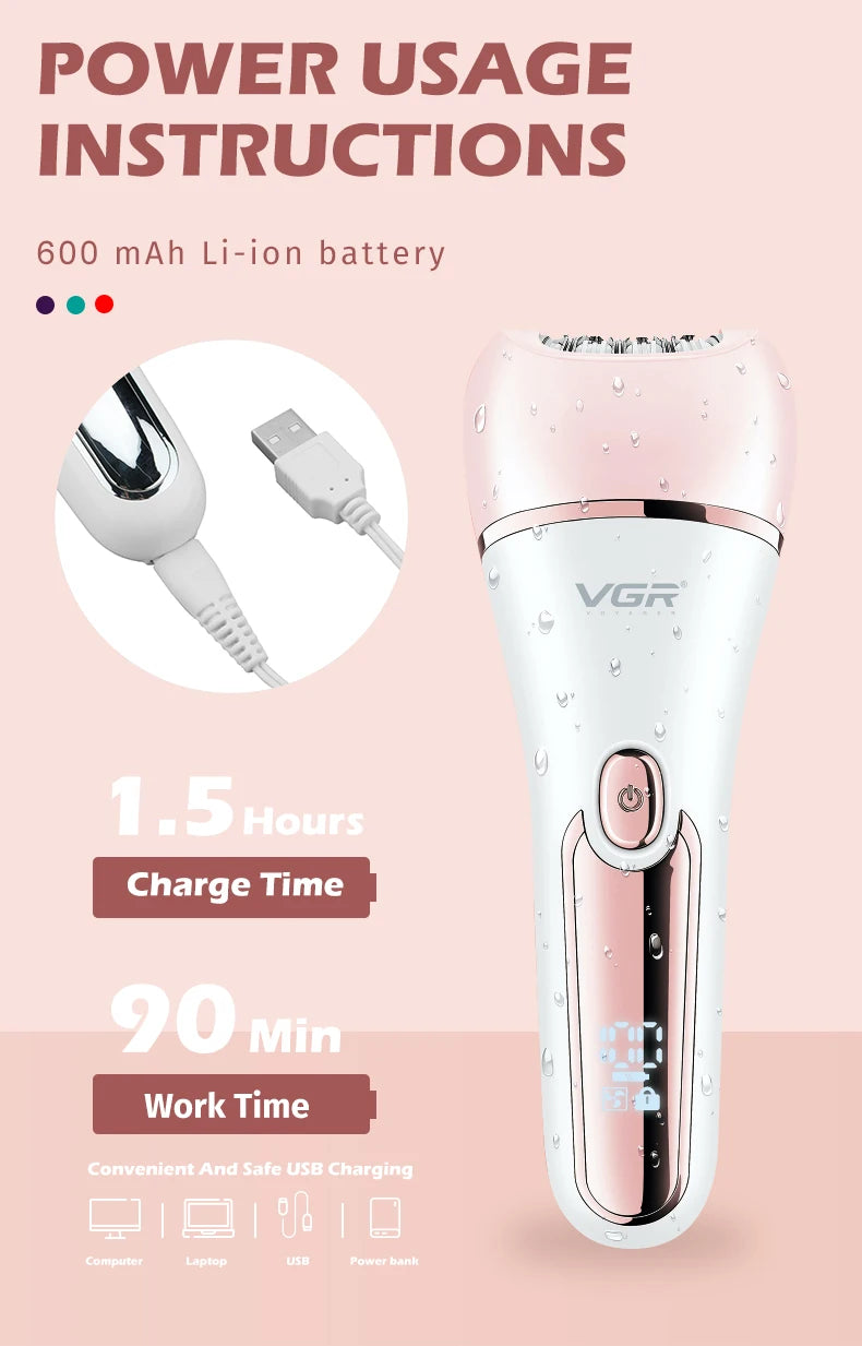 VGR Hair Remover Electric Epilator Leg Body Bikini Facial Underarms LED