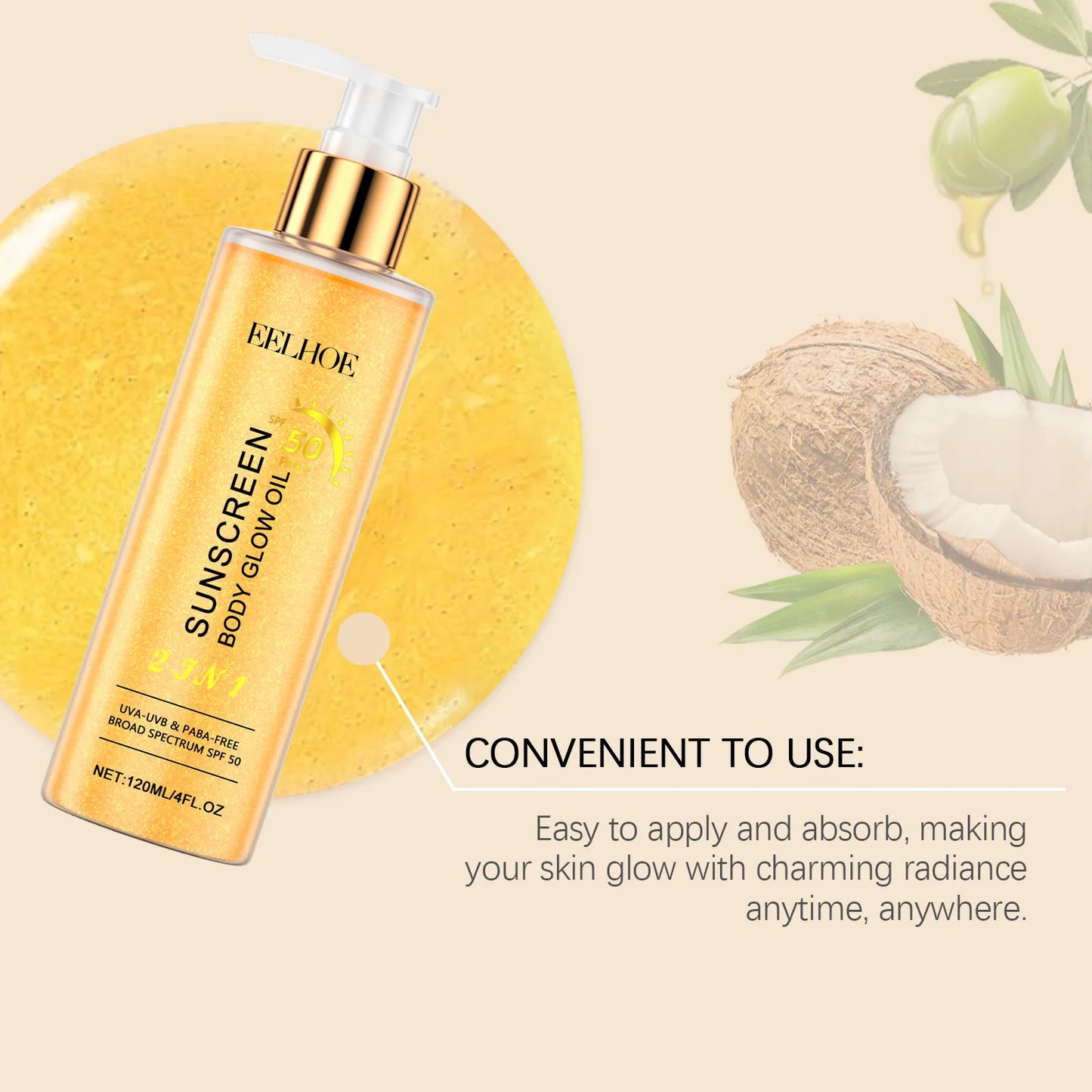 EELHOE 2 In1 Sunscreen Spf 50 Body Oil for Glowing Skin