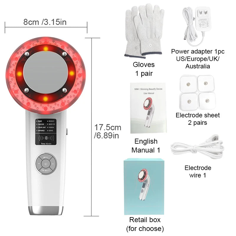 8 IN 1 Ultrasound Anti-Cellulite Body Slimming Machine Face Lifting EMS Massager RF Infrared