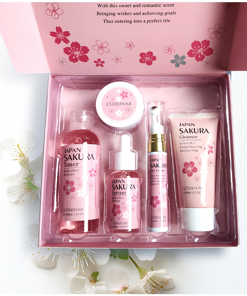 Cherry Blossom Skincare Set: moisturizing toner, eye cream, cleanser, face cream, cherry essence