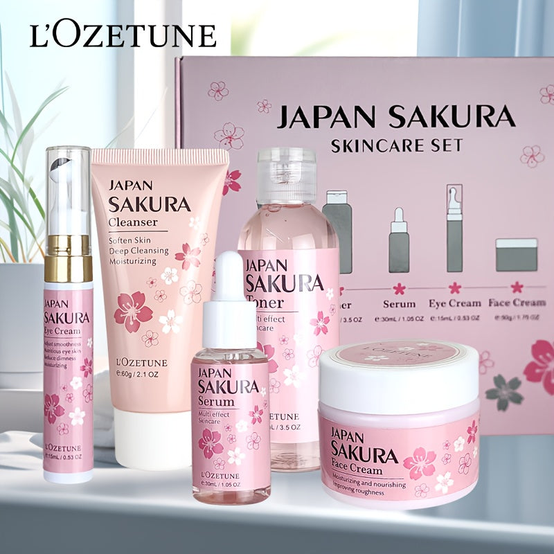 Cherry Blossom Skincare Set: moisturizing toner, eye cream, cleanser, face cream, cherry essence