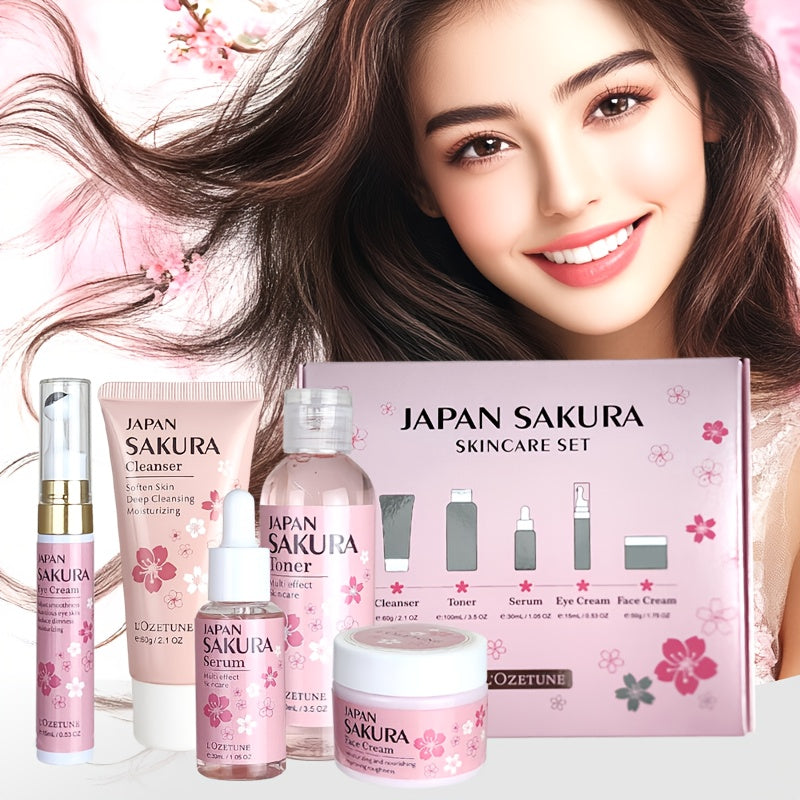 Cherry Blossom Skincare Set: moisturizing toner, eye cream, cleanser, face cream, cherry essence
