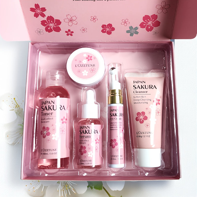 Cherry Blossom Skincare Set: moisturizing toner, eye cream, cleanser, face cream, cherry essence