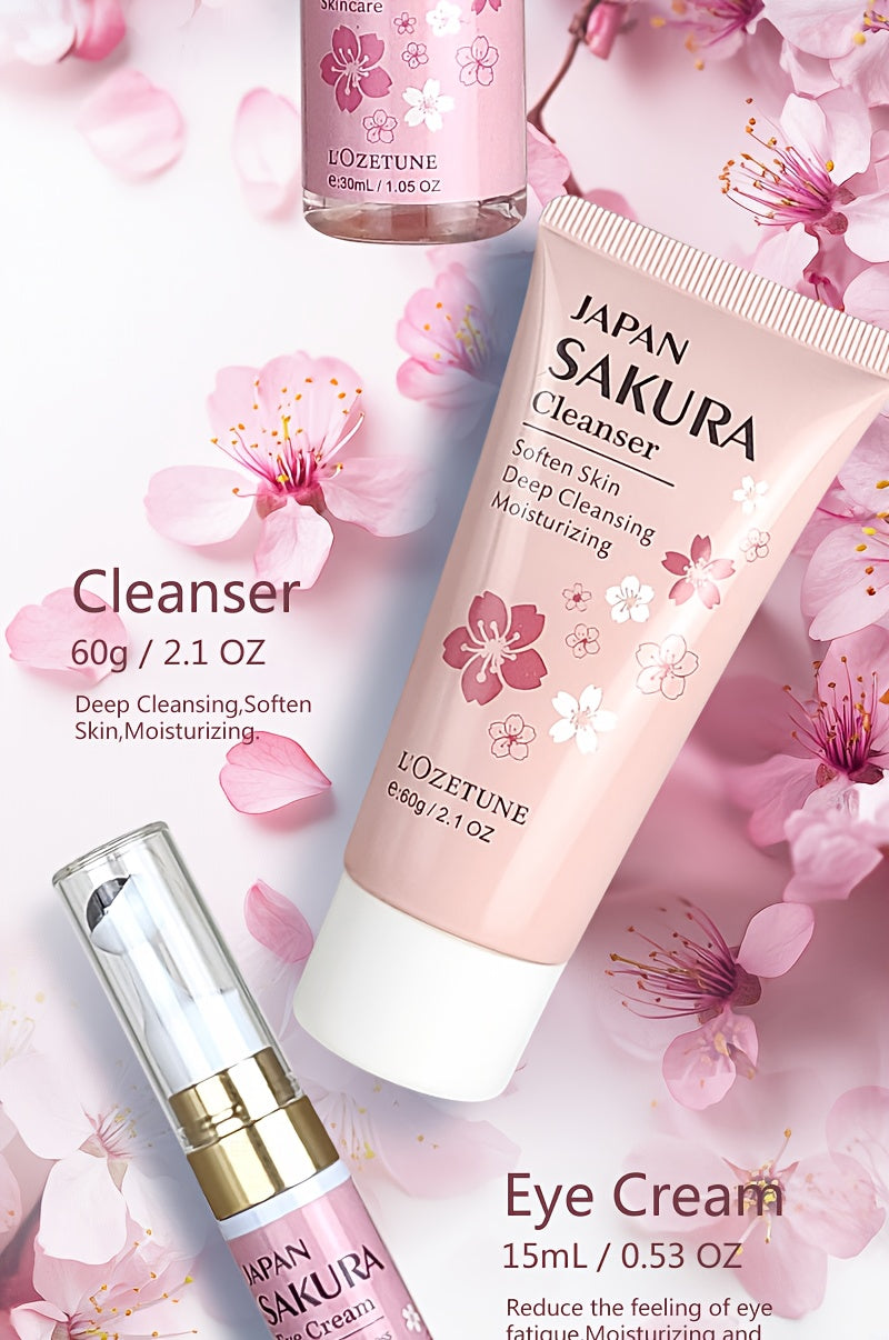 Cherry Blossom Skincare Set: moisturizing toner, eye cream, cleanser, face cream, cherry essence