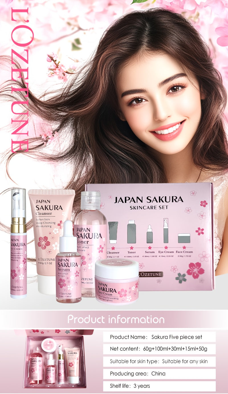 Cherry Blossom Skincare Set: moisturizing toner, eye cream, cleanser, face cream, cherry essence