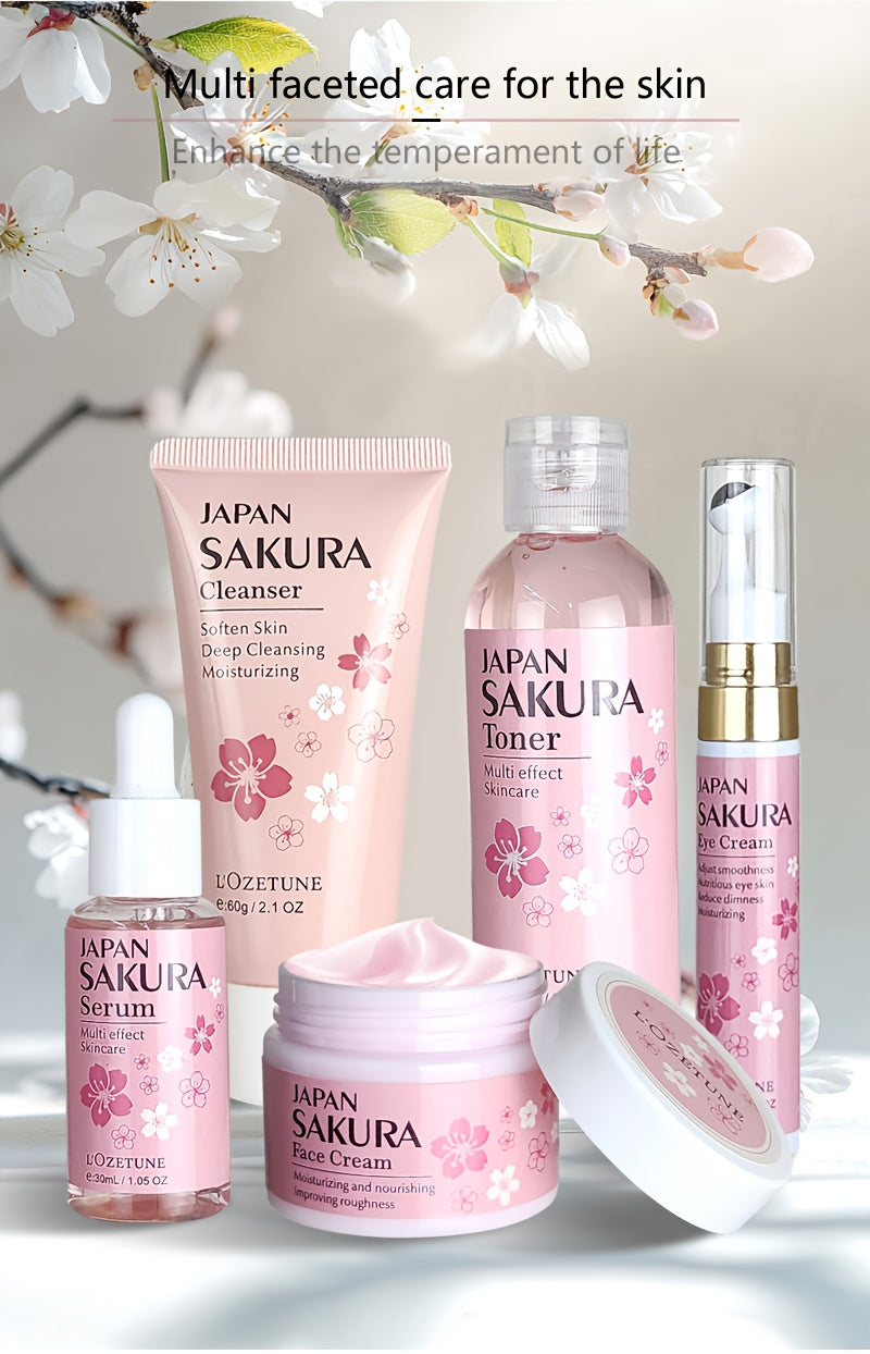Cherry Blossom Skincare Set: moisturizing toner, eye cream, cleanser, face cream, cherry essence