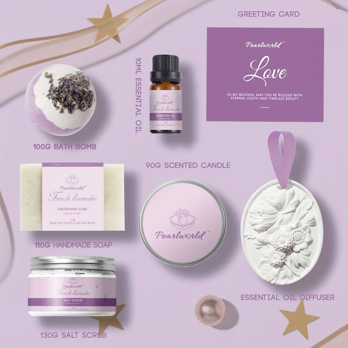 Lavender SPA Gift Box - 8pcs Luxury Bath Set, Natural Handmade