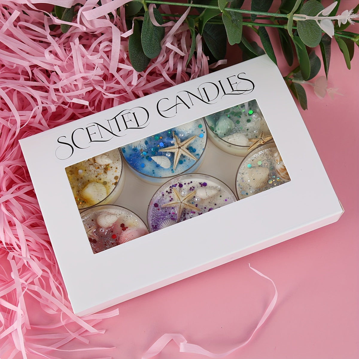 6pcs/Gift Box New Shell Theme Aromatherapy Candles with Pearl Sequin Decoration