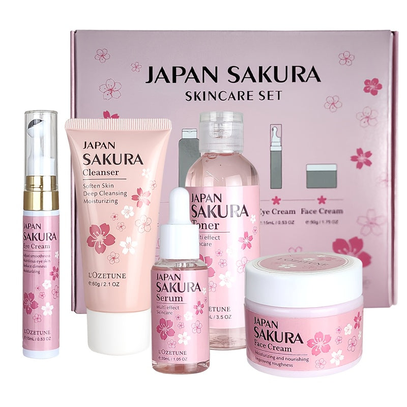Cherry Blossom Skincare Set: moisturizing toner, eye cream, cleanser, face cream, cherry essence