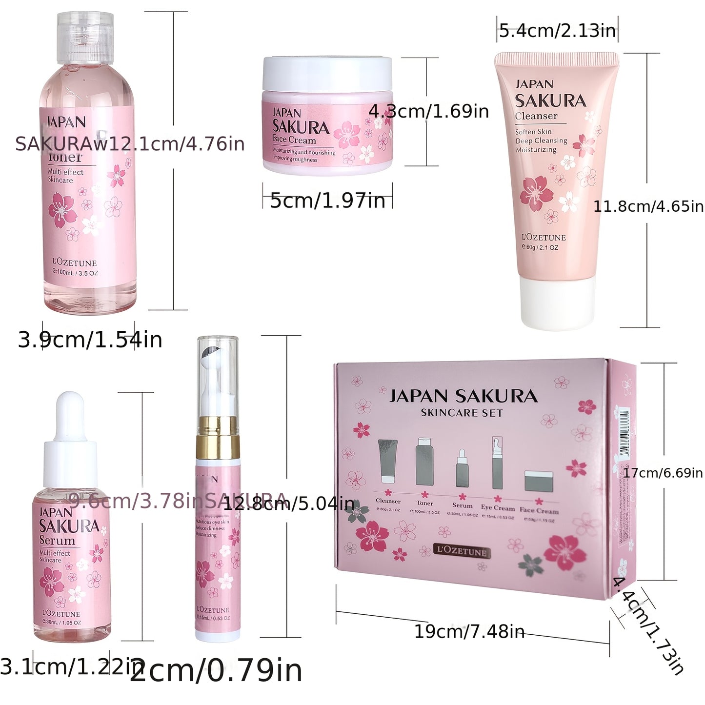 Cherry Blossom Skincare Set: moisturizing toner, eye cream, cleanser, face cream, cherry essence