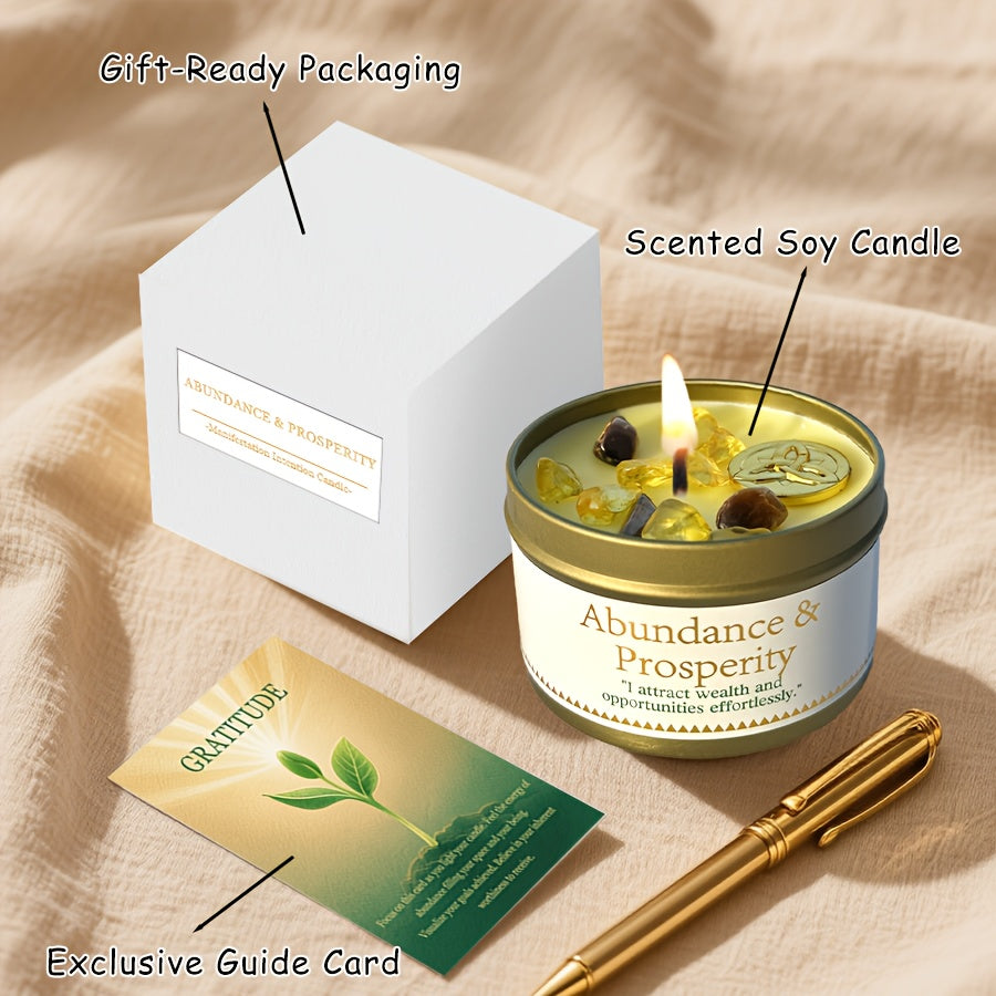 EVODUCK Law of Attraction Abundance Manifestation Candle | Patchouli & Cinnamon 3oz Scented Soy Wax Candle with Yellow & Golden Crystal | for Focus, Meditation, Yoga & Reading