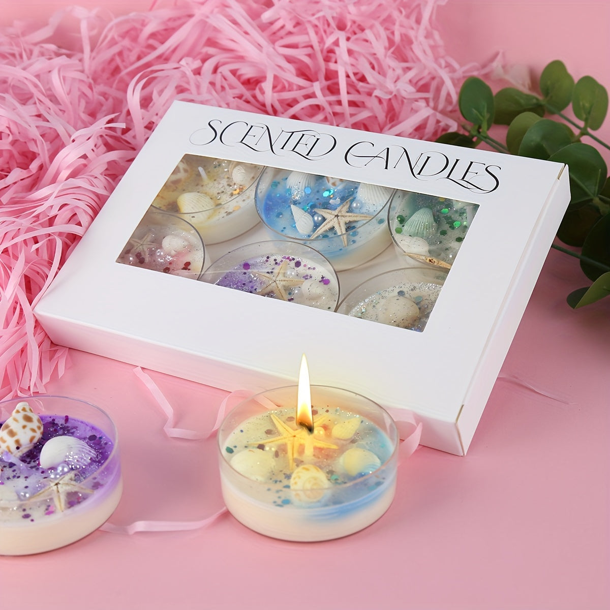 6pcs/Gift Box New Shell Theme Aromatherapy Candles with Pearl Sequin Decoration
