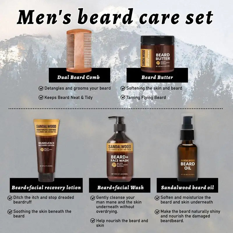 5pcs Beard Care Set Men Beard Oil Mustache Hair Growth 200ml