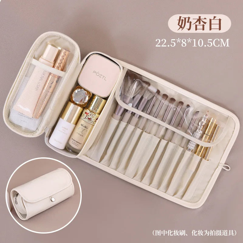 Waterproof PU Leather Pillow Type Makeup Brush Organizer Roll Bag Multifunctional Foldable Cosmetic Bag for Women and Girl