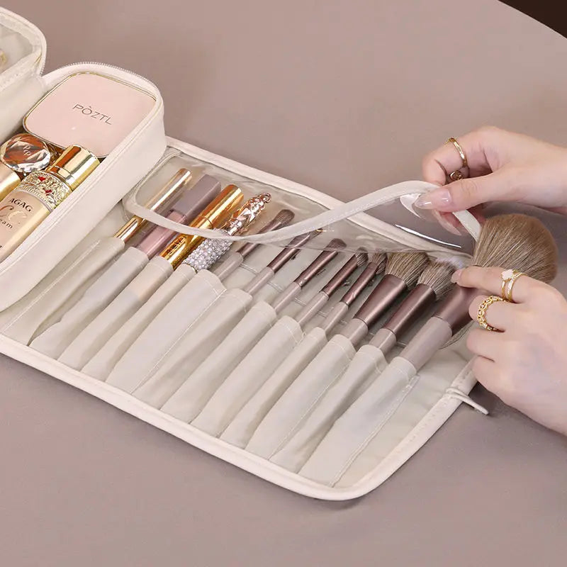 Waterproof PU Leather Pillow Type Makeup Brush Organizer Roll Bag Multifunctional Foldable Cosmetic Bag for Women and Girl