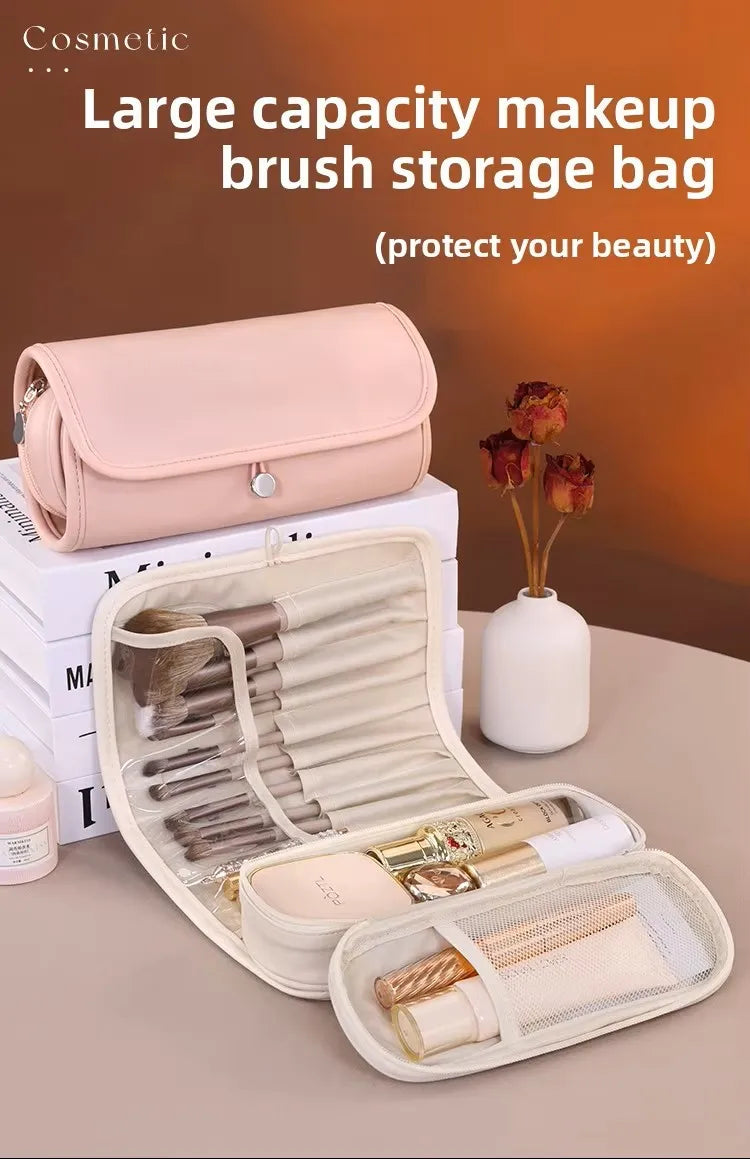 Waterproof PU Leather Pillow Type Makeup Brush Organizer Roll Bag Multifunctional Foldable Cosmetic Bag for Women and Girl