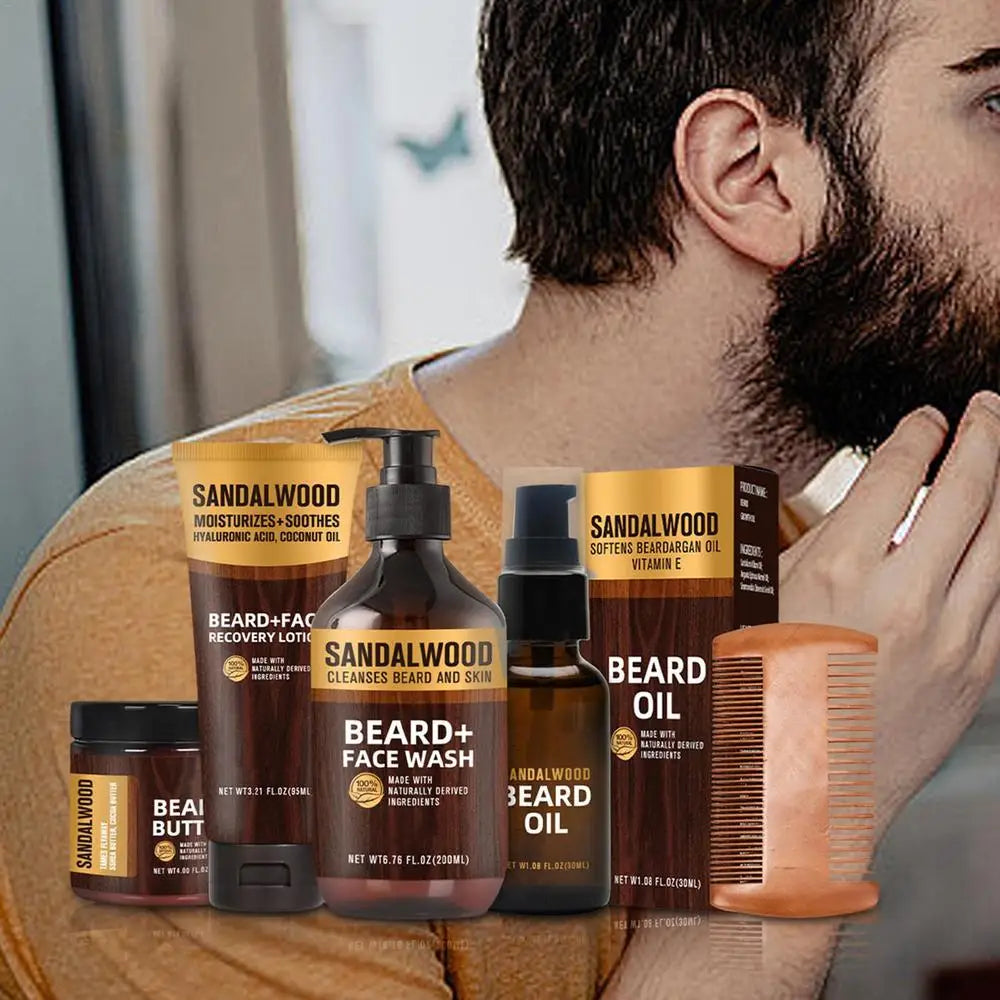 5pcs Beard Care Set Men Beard Oil Mustache Hair Growth 200ml