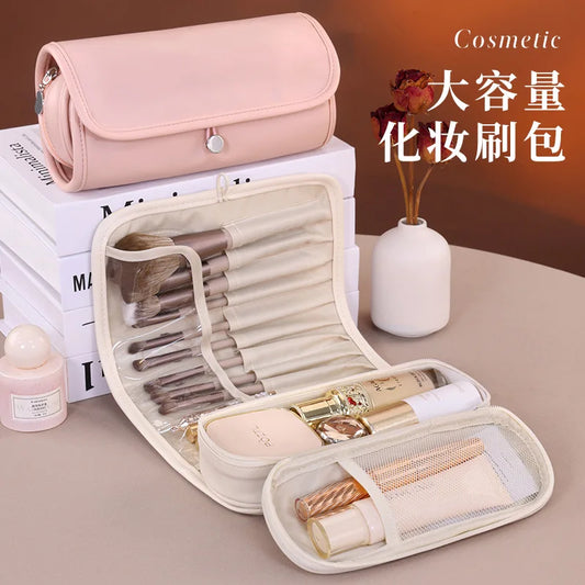 Waterproof PU Leather Pillow Type Makeup Brush Organizer Roll Bag Multifunctional Foldable Cosmetic Bag for Women and Girl