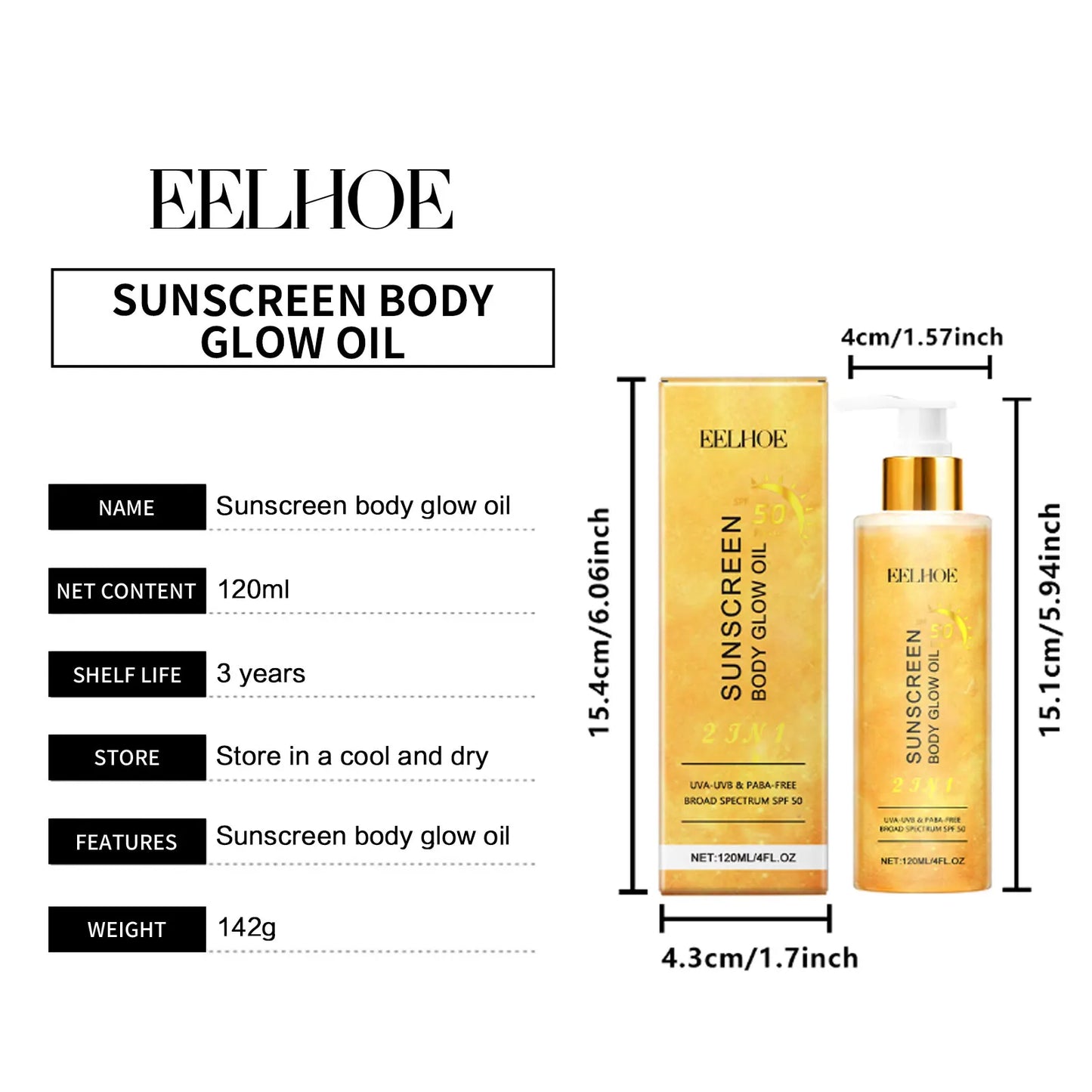 EELHOE 2 In1 Sunscreen Spf 50 Body Oil for Glowing Skin