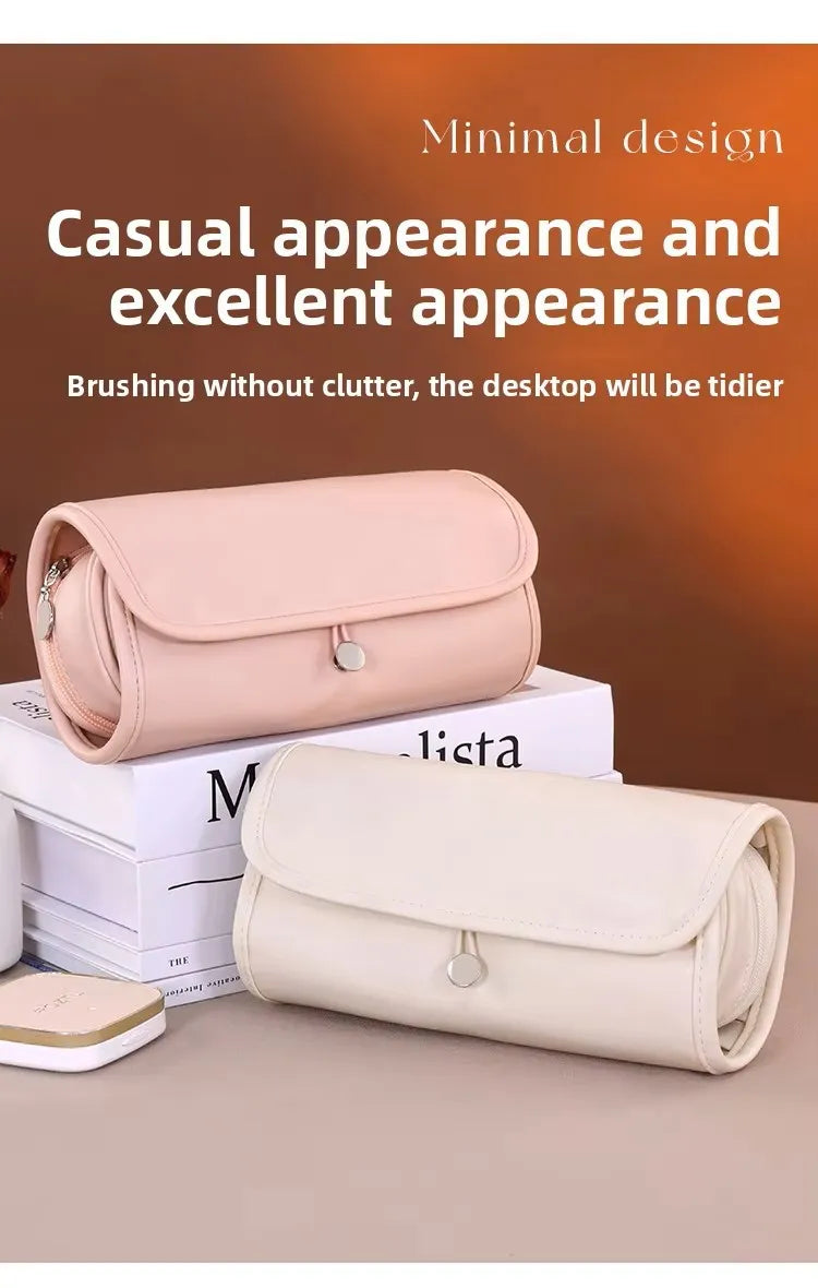 Waterproof PU Leather Pillow Type Makeup Brush Organizer Roll Bag Multifunctional Foldable Cosmetic Bag for Women and Girl