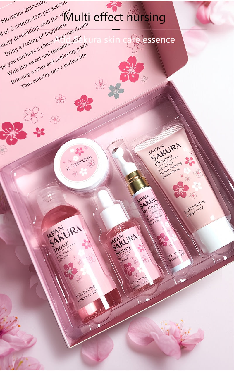 Cherry Blossom Skincare Set: moisturizing toner, eye cream, cleanser, face cream, cherry essence