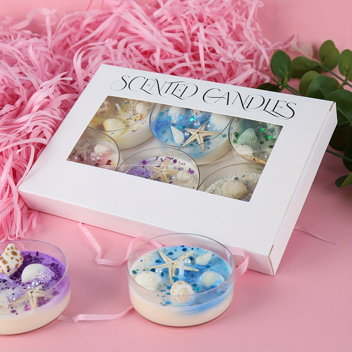 6pcs/Gift Box New Shell Theme Aromatherapy Candles with Pearl Sequin Decoration