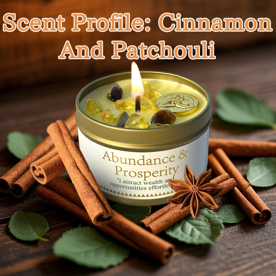 EVODUCK Law of Attraction Abundance Manifestation Candle | Patchouli & Cinnamon 3oz Scented Soy Wax Candle with Yellow & Golden Crystal | for Focus, Meditation, Yoga & Reading