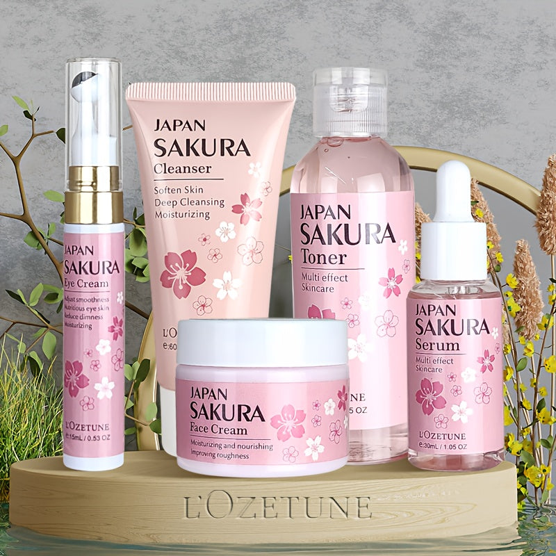 Cherry Blossom Skincare Set: moisturizing toner, eye cream, cleanser, face cream, cherry essence