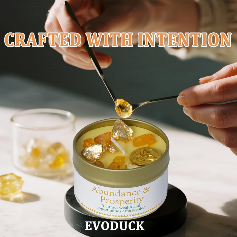 EVODUCK Law of Attraction Abundance Manifestation Candle | Patchouli & Cinnamon 3oz Scented Soy Wax Candle with Yellow & Golden Crystal | for Focus, Meditation, Yoga & Reading