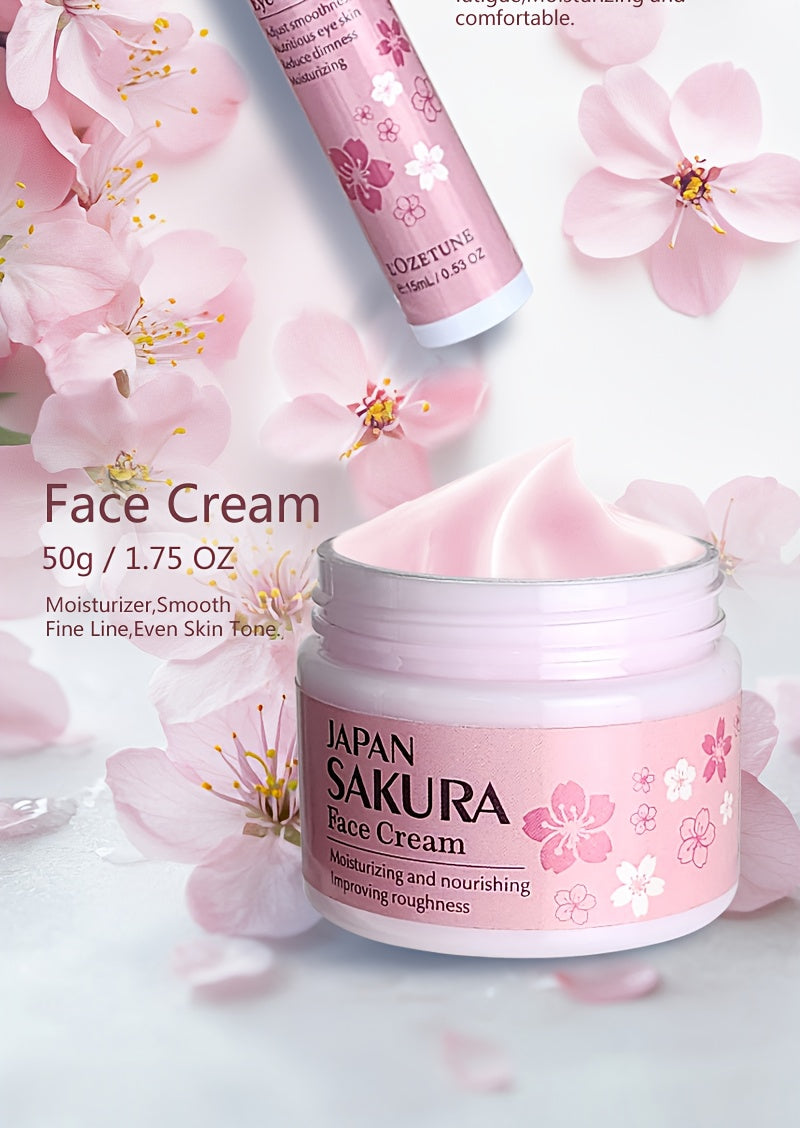 Cherry Blossom Skincare Set: moisturizing toner, eye cream, cleanser, face cream, cherry essence