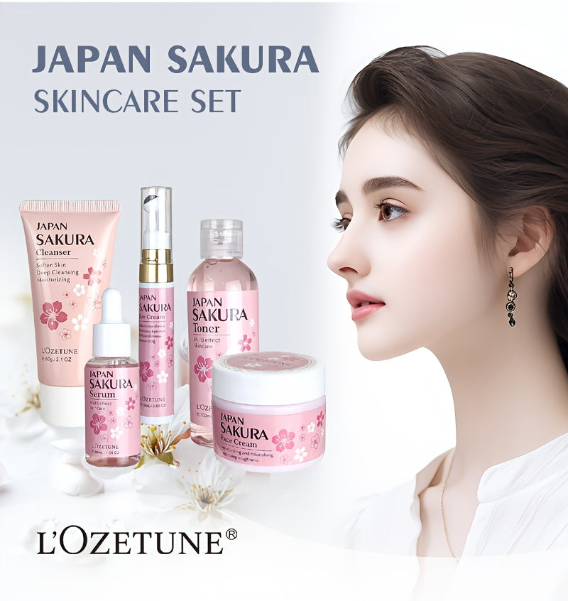 Cherry Blossom Skincare Set: moisturizing toner, eye cream, cleanser, face cream, cherry essence