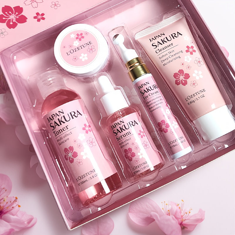 Cherry Blossom Skincare Set: moisturizing toner, eye cream, cleanser, face cream, cherry essence