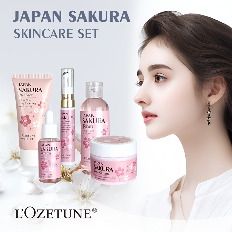 Cherry Blossom Skincare Set: moisturizing toner, eye cream, cleanser, face cream, cherry essence